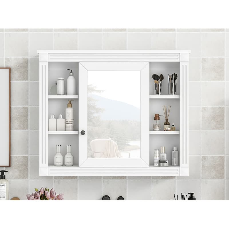 Roomfitters 35'' x 28'' Wall Mounted Bathroom Storage Cabinet with Mirror, Modern Medicine Cabinet with 6 Open Shelves