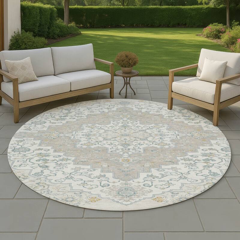 Machine Washable Indoor/ Outdoor Traditional Karachy Chantille Rug - Ivory - 8' x 8'