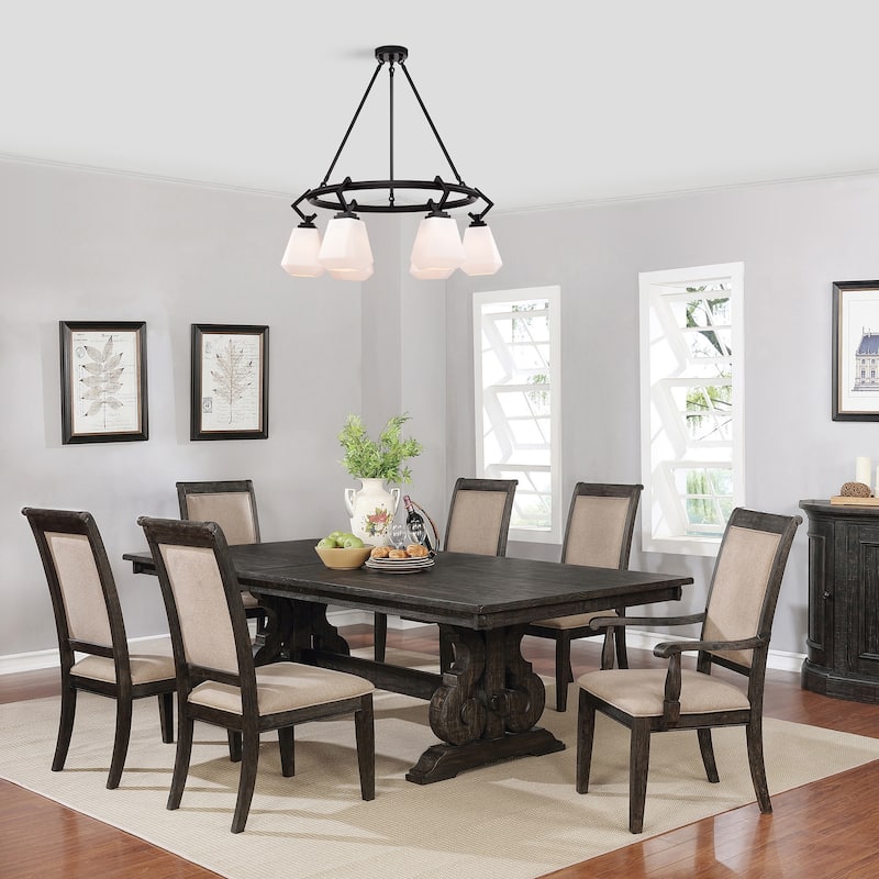 Chandelier Matte Black w/Frosted Glass Shades 6-Light 28-Inch Wagon Wheel