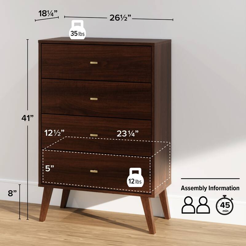 Prepac Milo Mid-Century Modern 4 Drawer Chest of Drawers, Contemporary Bedroom Furniture, Small Dresser for Bedroom