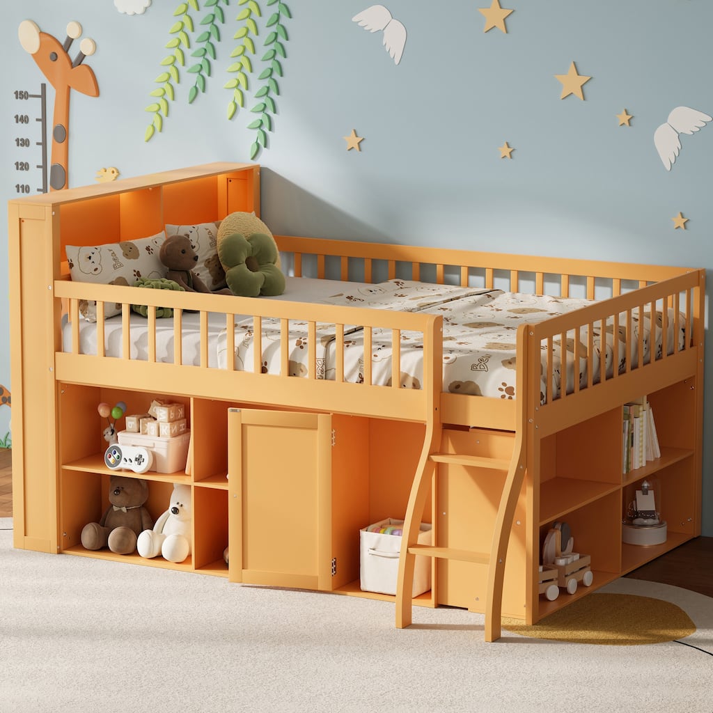 GDFStudio - PureSpace Modern Wooden Loft Bed with Storage and LED Headboard