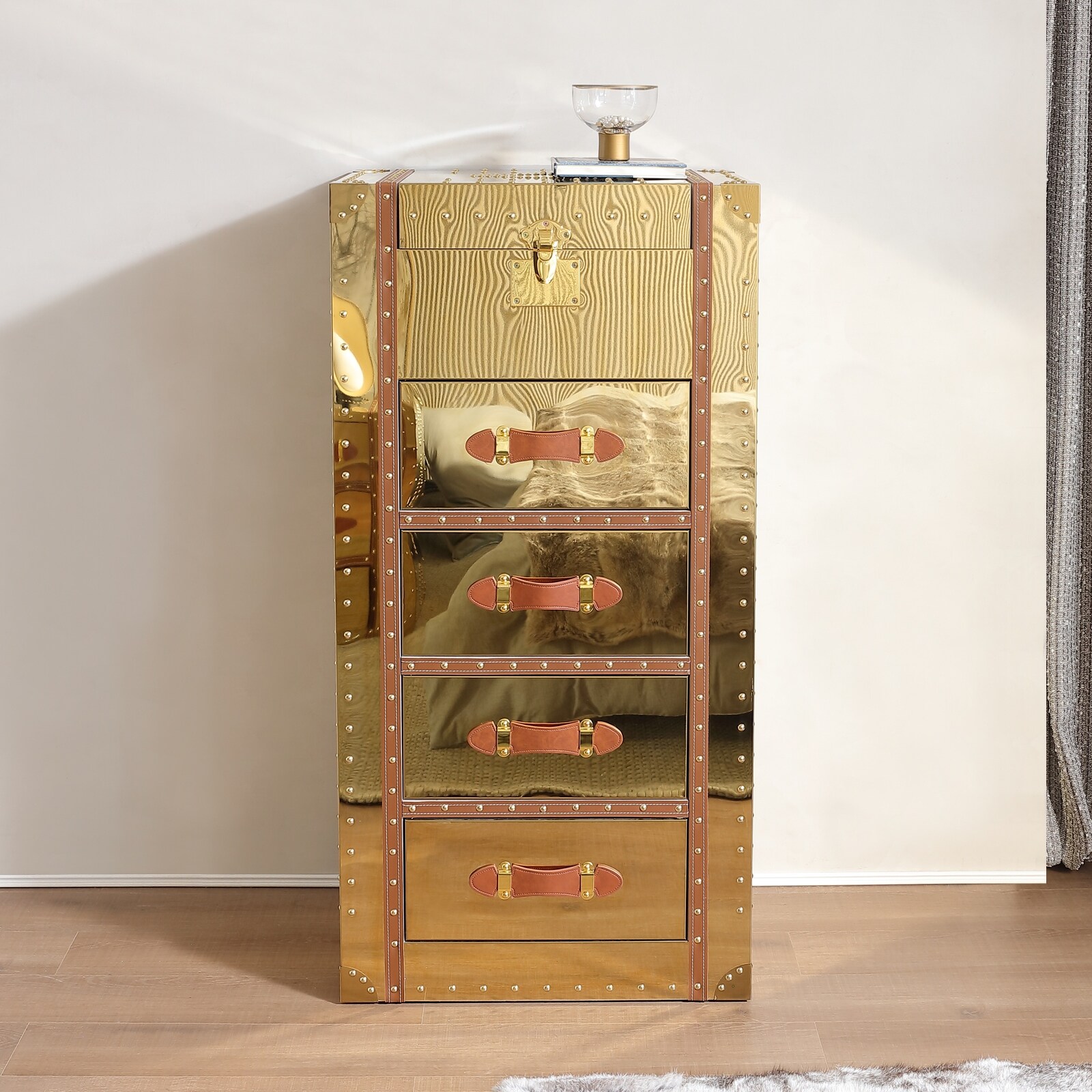 FUKAYI Mid-Century Modern Tall Dresser with Flip Top Mirror Metal Clad Antique  Chest of Drawers 5 Drawers Storage Tower, Golden - Bed Bath \u0026 Beyond -  41345263, image size:1600x1600