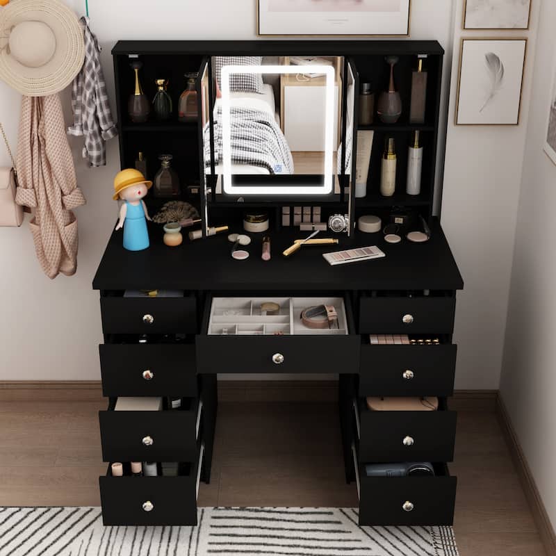 Spacious Vanity Desk with Mirrored Storage Cabinets - A Beauty Oasis
