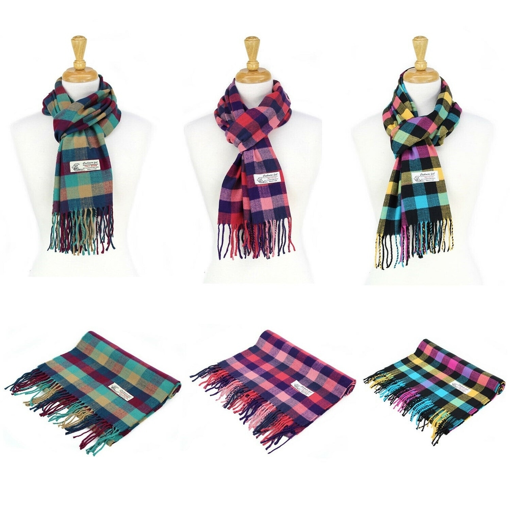 White Checker Plaid Pattern Infinity Loop Scarf with Fringe Trim