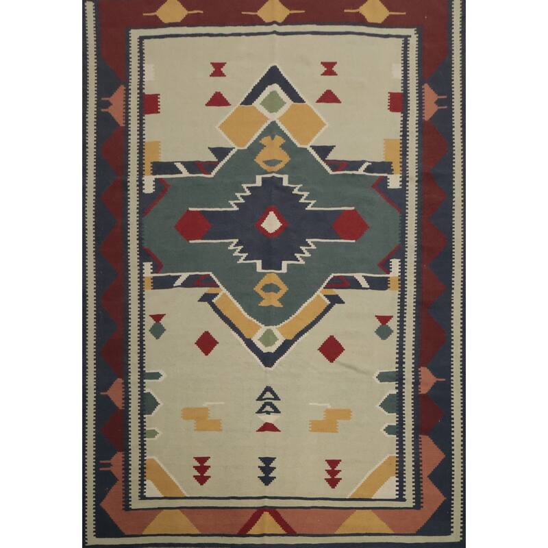 Hand Woven Oriental 100% Wool Carpet Southwestern Tribal Beige & Ivories Kilim Area Rug - 11' 3'' X 8' 8''