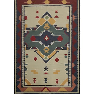 Hand Woven Oriental 100% Wool Carpet Southwestern Tribal Beige & Ivories Kilim Area Rug - 11' 3'' X 8' 8''