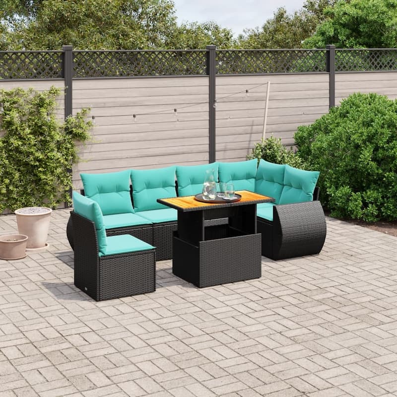vidaXL Patio Sofa Set with Cushions Outdoor Furniture 7 Piece Poly Rattan - 24.4 x 24.4 x 27.2 - Black-Table + corner + 3x middle