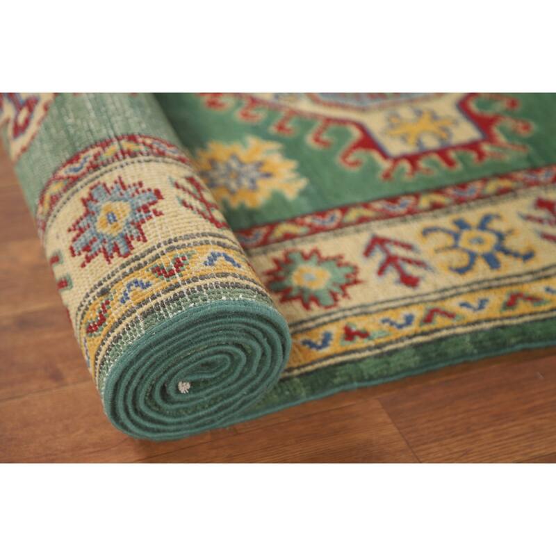Green Kazak Runner Rug Hand-Knotted Geometric Wool Carpet - 2'7" x 16'2"