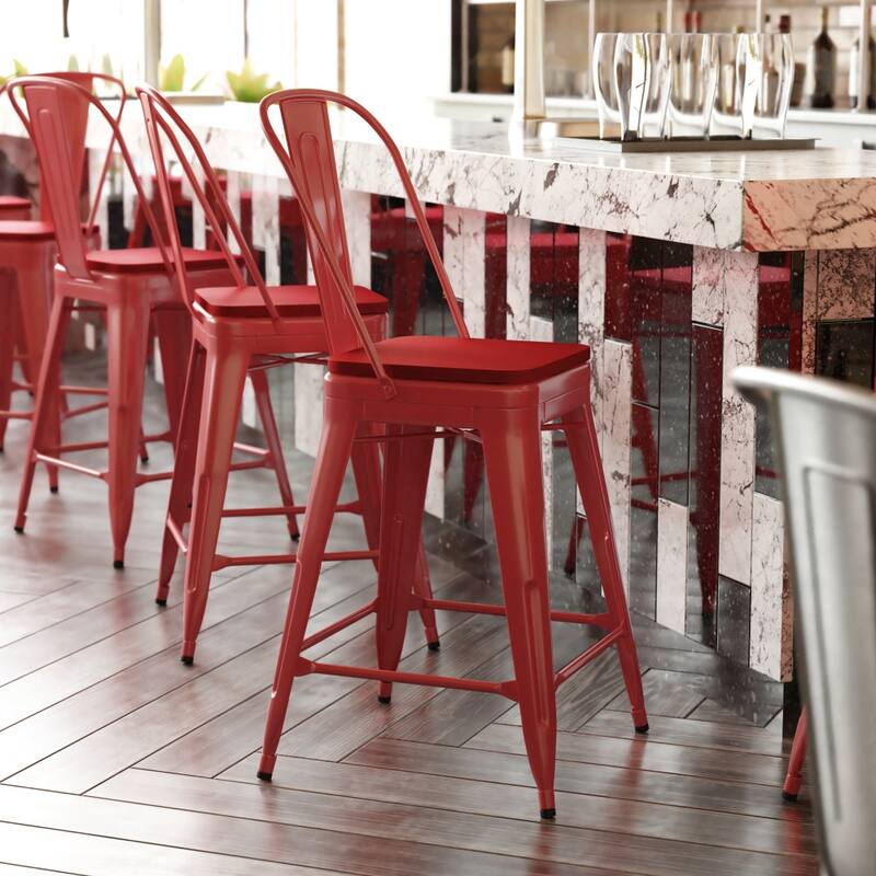 All-Weather Commercial Counter Stool with Removable Back & Poly Resin Seat - Red/Red