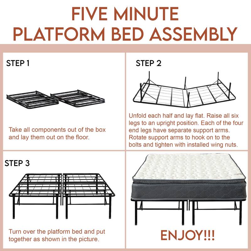 Onetan Mattress and Platform Bed Set, 10-Inch Memory Foam Medium Pillow Top Hybrid Mattress and 14" Metal Platform Bed