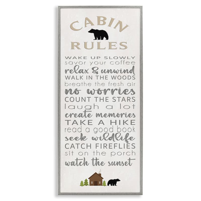 Stupell Fun Adventure Cabin Rules Framed Giclee Art Design By Seven Trees Design - 10 x 24 - Grey