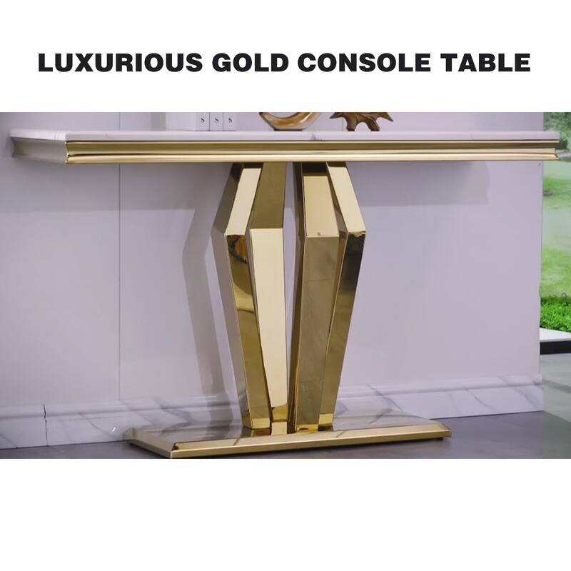 Luxury Rectangular Sofa Console Table Modern Living Room Entryway Table with Mirrored Gold Geometric Base