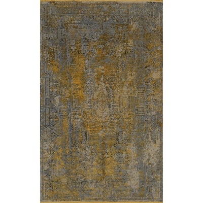 Machine Made Oriental Polyester Carpet Geometric Yellow & Gold Distressed Area Rug - 7' 5'' X 5' 2''