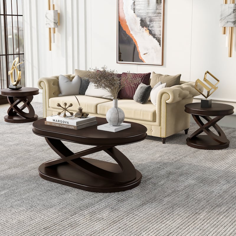 Oval Coffee Table & Round End Tables Set of 3, Retro Wood Table Sets with X-shaped Structure Base and Non-slip Foot Pads - Espresso