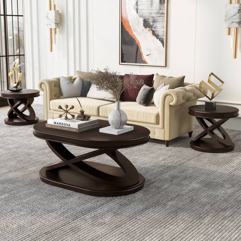 Oval Coffee Table Cocktail Table with X-Shaped Wood Legs, Wood Center Table Accent Table with Round End Table Set of 2
