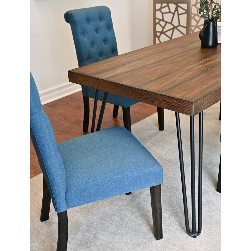 Simple Dining Table Set with Blue Padded Seating Chairs and Bench