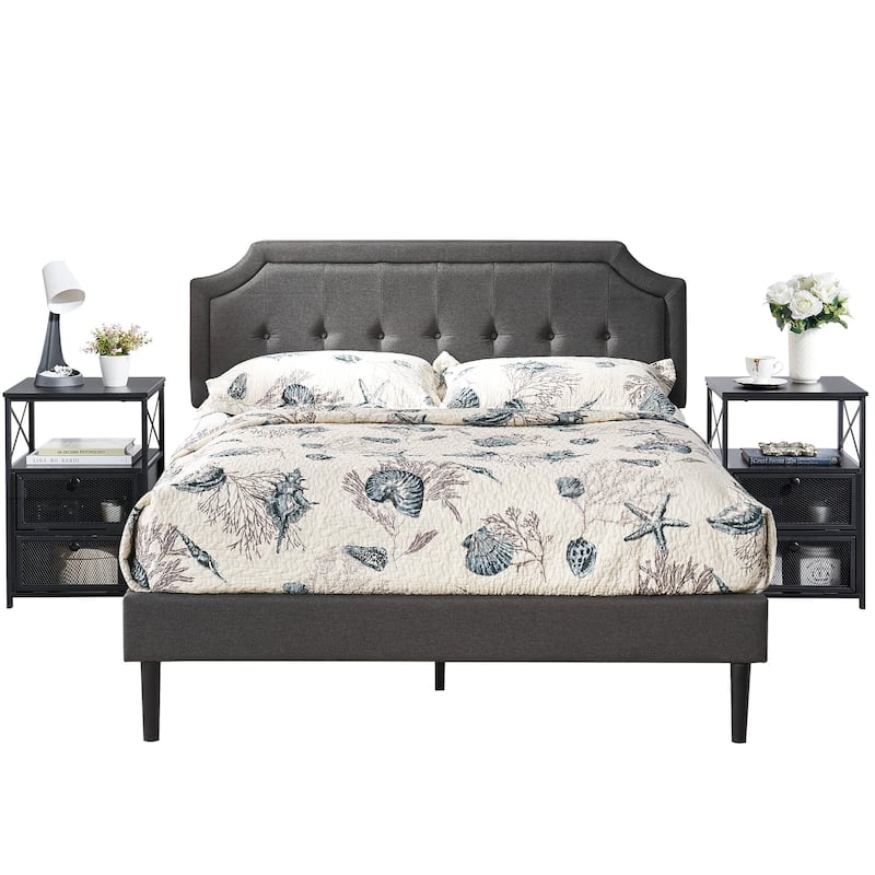 VECELO 3-pieces Height Adjustable Tufted Upholstered Bed Frame and Modern Nightstand Sets