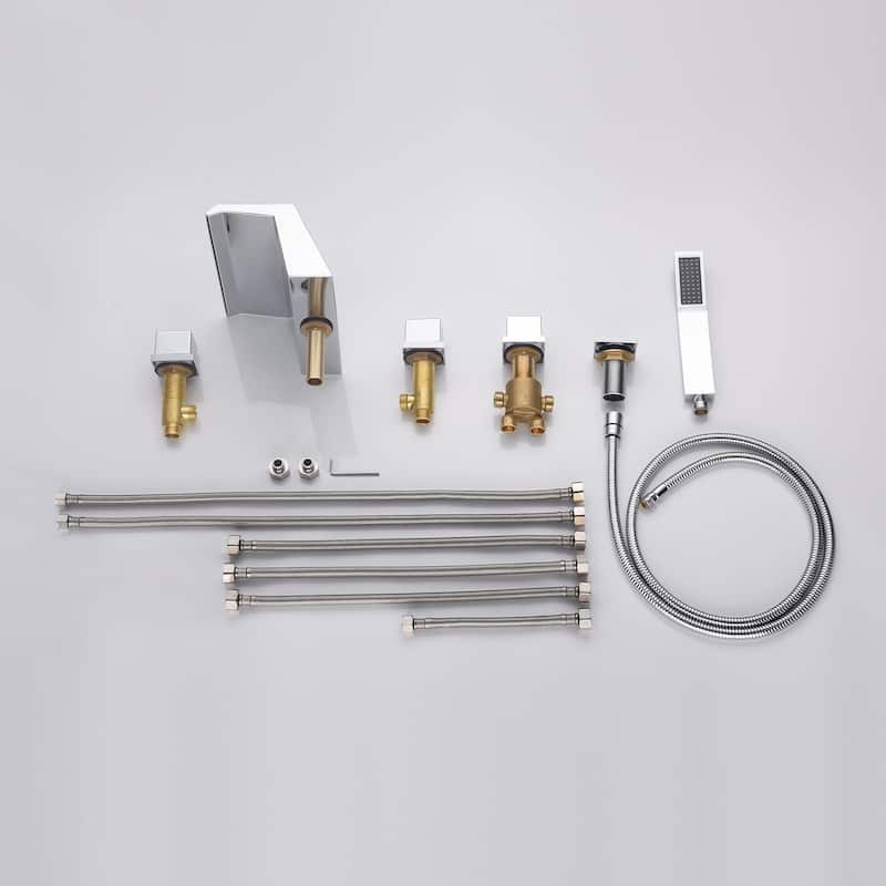 Waterfall Tub Filler Bathtub Faucet chrome 5-Hole 3-Handle Solid Brass Bathroom Bath Tub Faucets - 9'6" x 13'6"