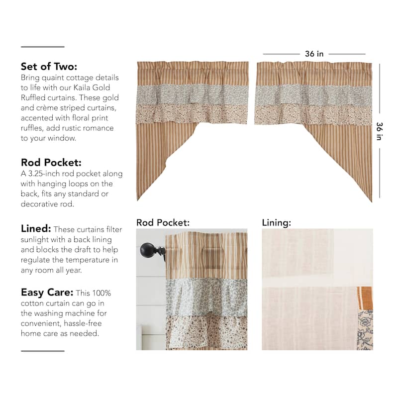 Kaila Ticking Gold Ruffled Swag Set of 2 36x36x16