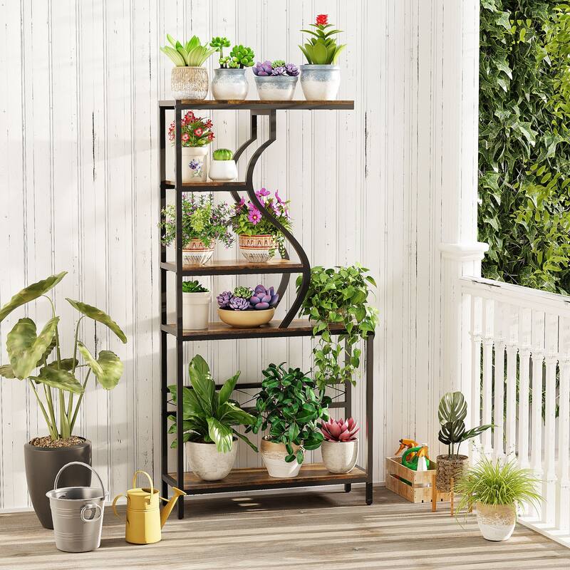 Tall 5-Tier Industrial Metal & Wood Plant Stand, Bookshelf, Bonsai Display - 36" W x 12" D x 72" H