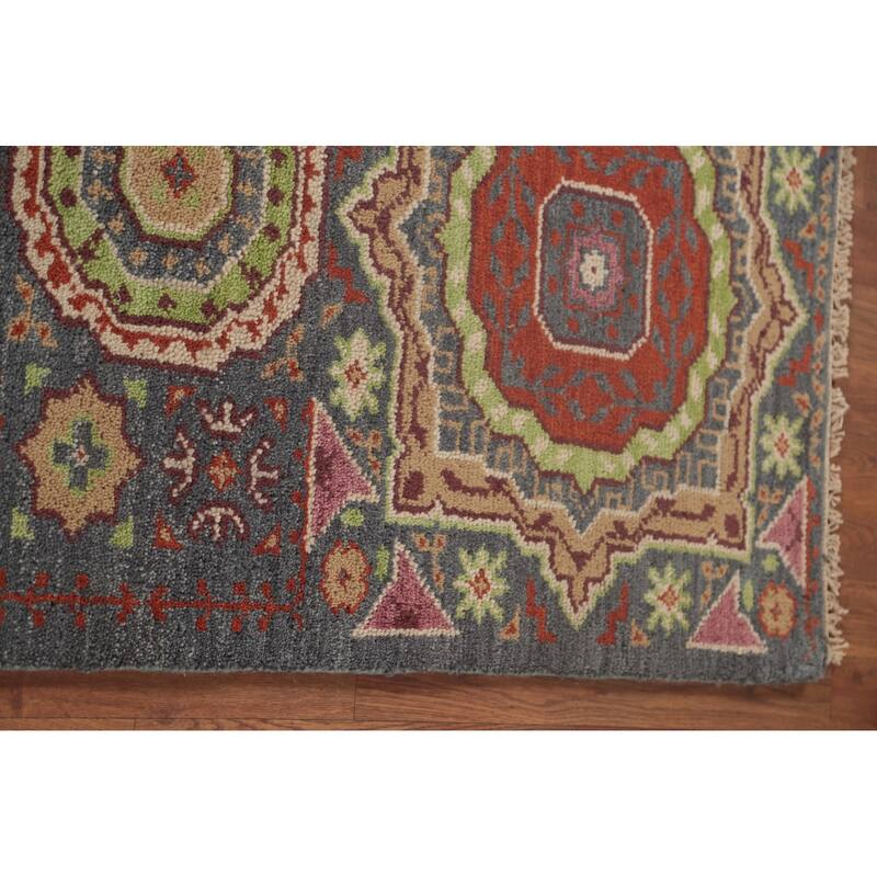Geometric Grey Kazak Runner Rug Hand-Knotted Wool Carpet - 2'6"x 7'9"