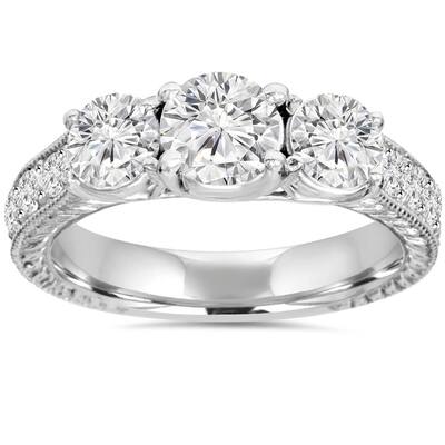 1 3/4ct Vintage Three Stone Round Diamond Engagement Ring White Gold