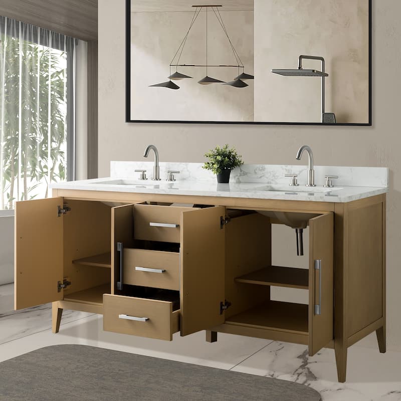 Vanity Art 72" Double Sink Bathroom Vanity Cabinet with Engineered Marble Top