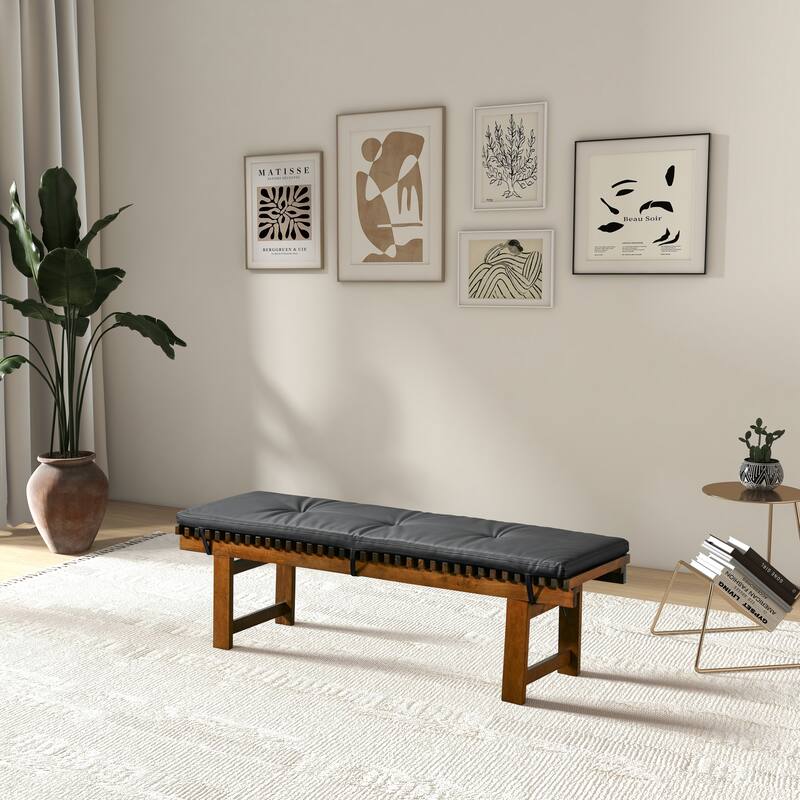 RetroLux 59" Wide Wood Vegan Leather Upholstered Dining Bench