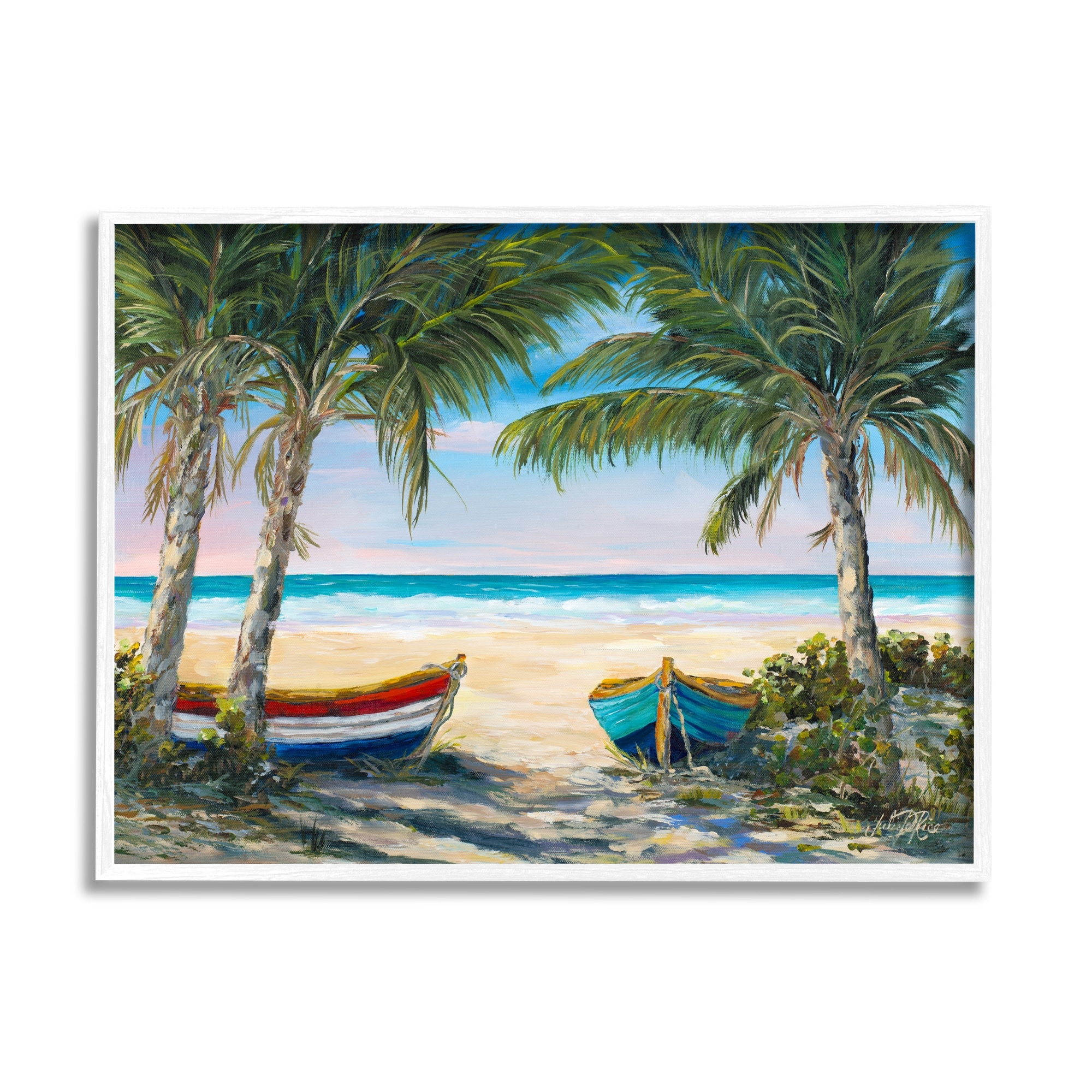 Stupell Row Boats on Beach Shore Tropical Palm Trees Framed Wall Art