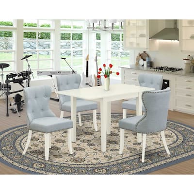 Dining Table Set 4 Chairs - Linen Fabric Blue & White - Modern Wood Kitchen Set