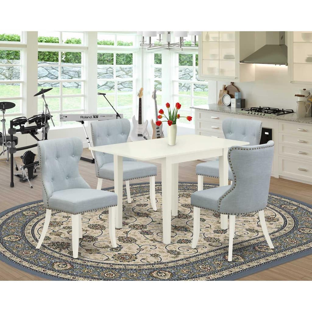 Dining Table Set 4 Chairs - Linen Fabric Blue & White - Modern Wood Kitchen Set