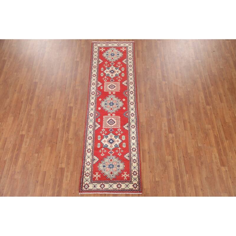 Hand Knotted Oriental 100% Wool Carpet Traditional Geometric Red Kazak Runner Rug - 9' 3'' X 2' 9''