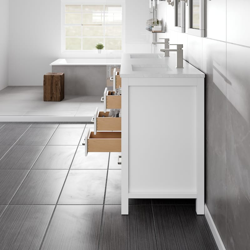 London 60"W WH DS Bath Vanity with Carrara Quartz Top and Undermount Sinks