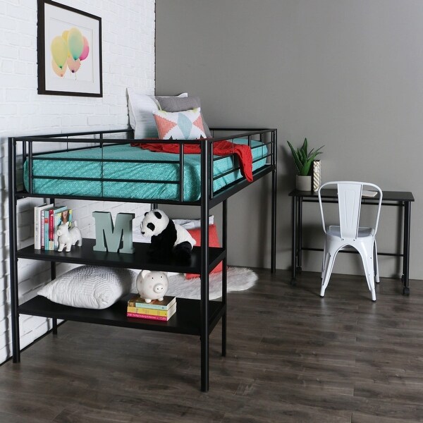 low loft bed with desk and storage
