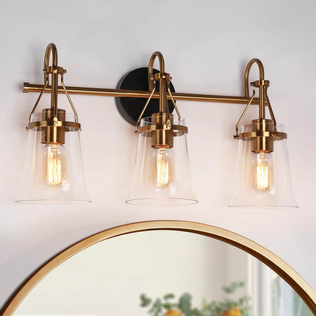 Haye Modern 3-Light Glass Bathroom Vanity Lights Gold Black Wall Sconces - L 22" x W 6.7" x H 13.8"