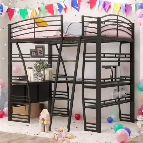 slide 2 of 9, Full Size Loft Bed With Shelves,Desk,Sockets,USB Ports,Wireless Charging Black