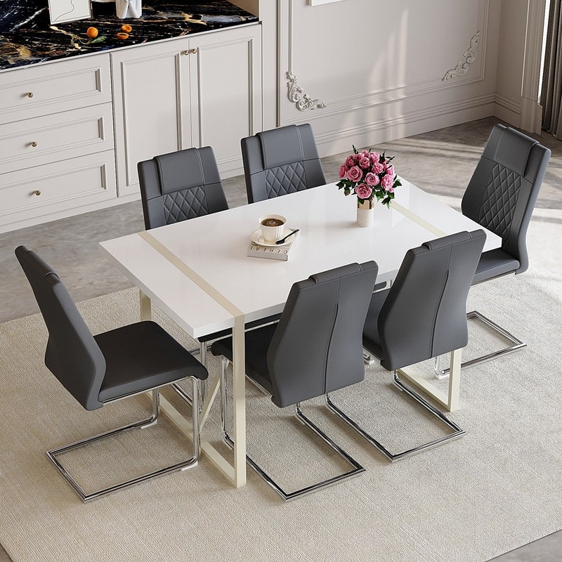 7-Piece Modern Dining Table Set with 6 Upholstered Chairs, Silver Metal Legs