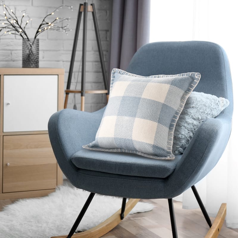 Sevita Hand-Woven Light Blue/Ivory Plaid Polyester Indoor/Outdoor Throw Pillow