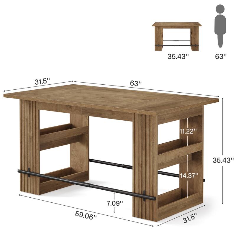 63 Inch Bar Table with Footrest, Bar Height Pub Table, Industrial High Top Kitchen & Dining Counter Tables with Storage Shelves