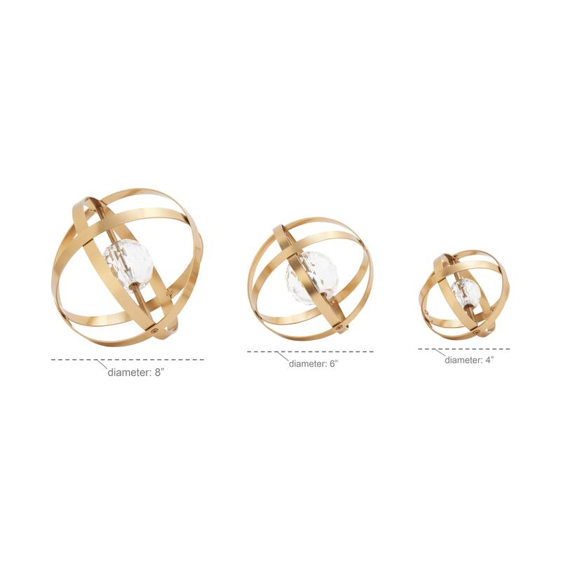 Metal Geometric Orb Decorative Sculpture with Acrylic Center - Set of 3 Gold or Silver - Roche River Decor