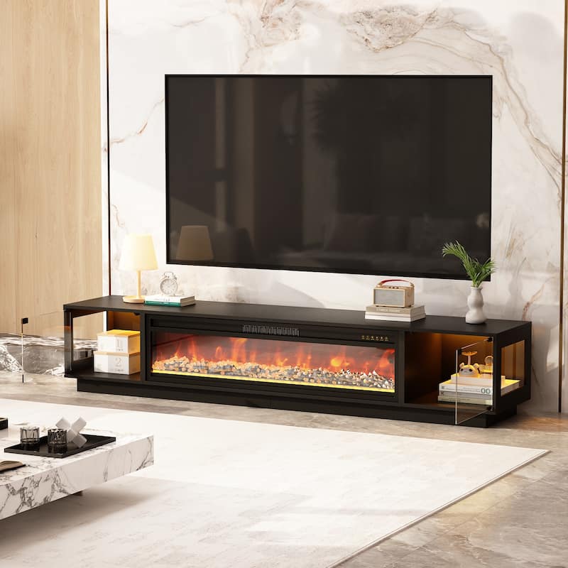 Modern Black Fireplace TV Stand Combo,Remote Fireplace Heater,2 Drawers,Light Strip & USB