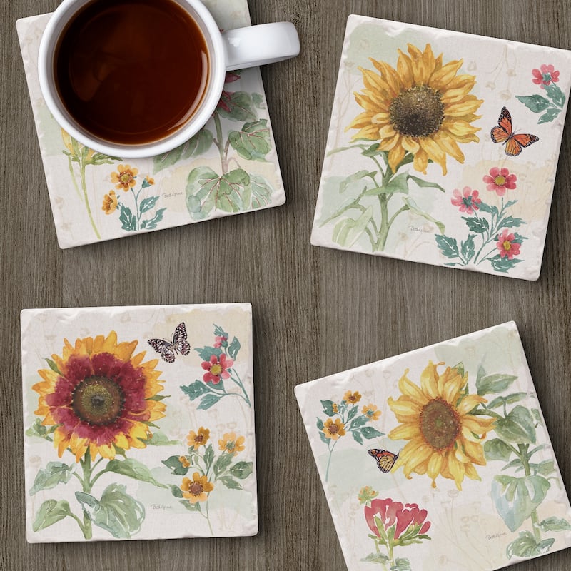 Absorbent Stone Beverage Coasters - Set of 4 - Sunflower Splendor - Multi-159