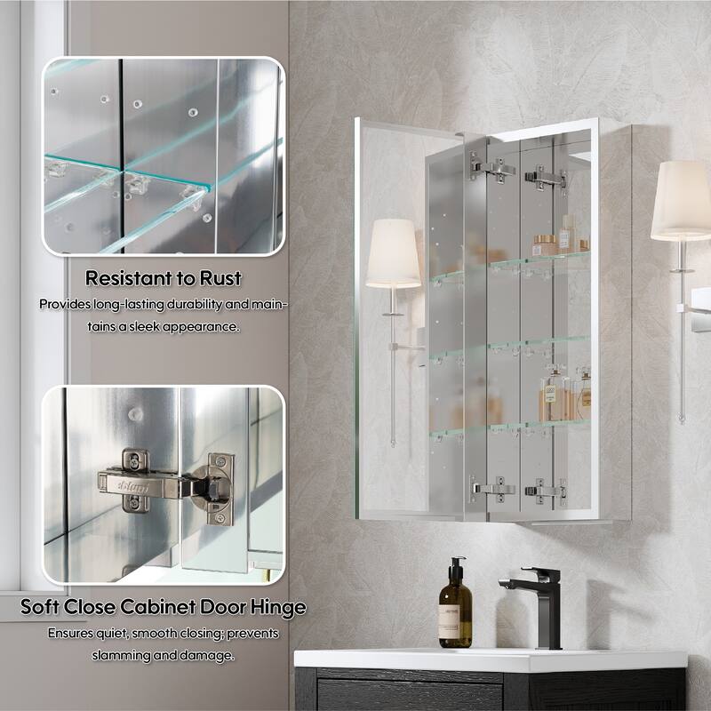 Recessed or Surface Wall Mount Bathroom Medicine Cabinet With Adjustable Glass Shelves