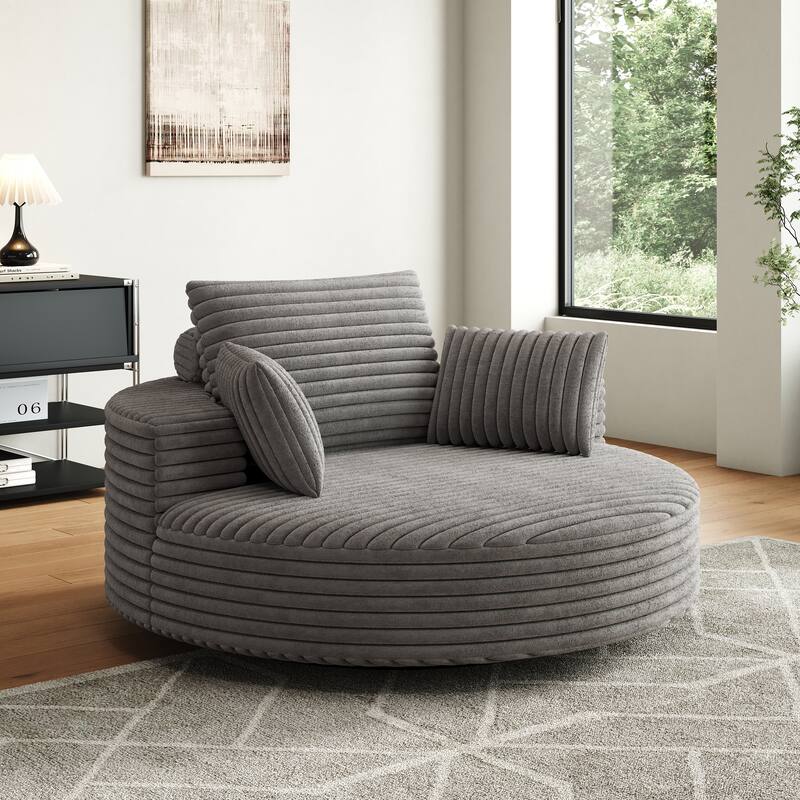 Oversized Swivel Accent Chair, Corduroy Round Lounge Sofa Chair, Upholstered Reading Armchair with Back Cushion & 2 Pillows