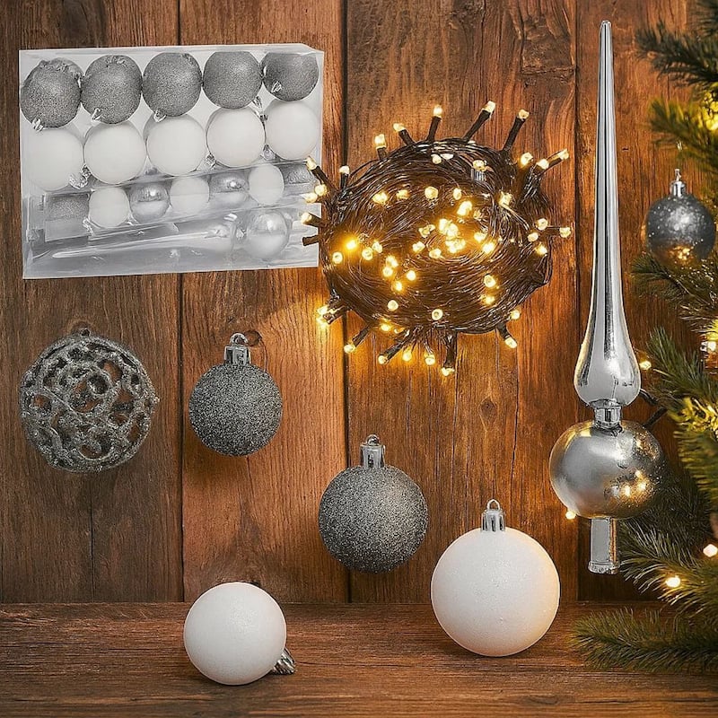 61pc Christmas Ornament Set w Topper, LED String Lights, White Silver
