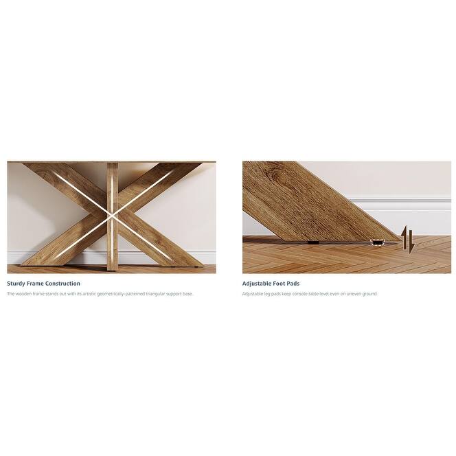 70.9" Long Farmhouse Console Table Behind Couch with Geometric Wooden Base