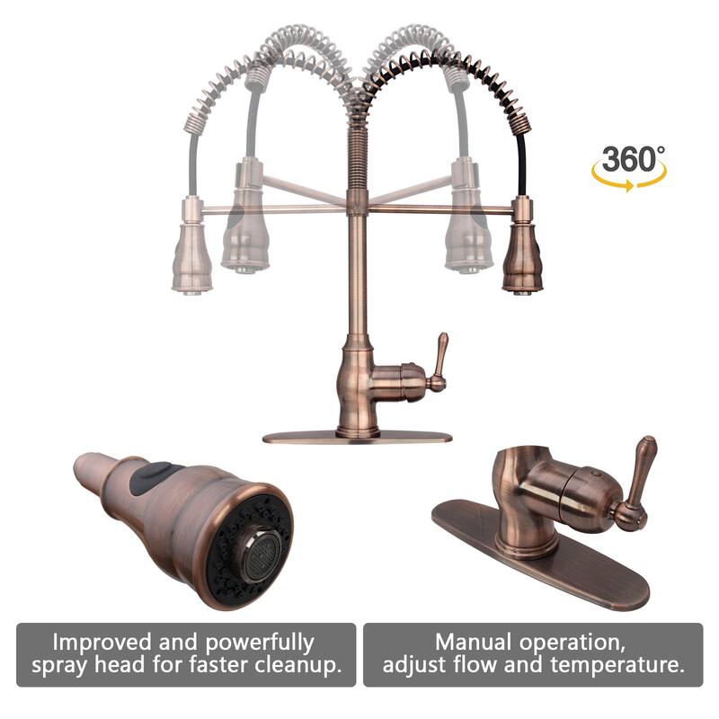 Copper Pre-Rinse Spring Kitchen Faucet Single Level Handle and Pull Down Sprayer