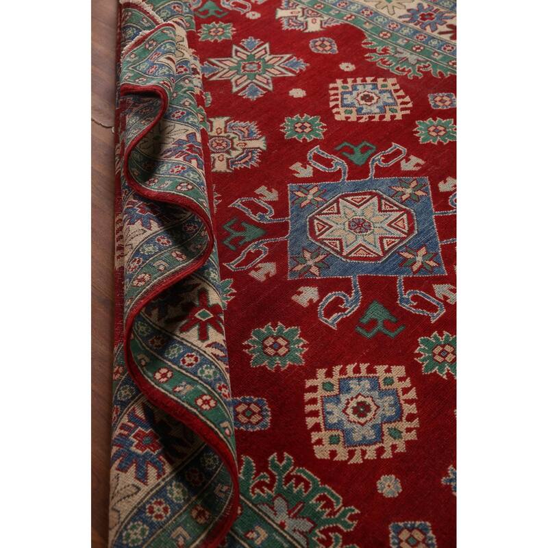 Red Geometric Kazak Oriental Area Rug Hand-Knotted Wool Carpet - 6'8" x 9'7"
