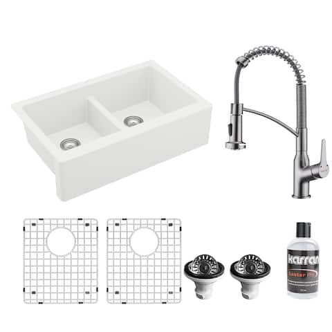 Karran All in One Apron Front Quartz 34 in. Double Bowl 50/50 Kitchen Sink in White with Faucet KKF210 in Stainless Steel
