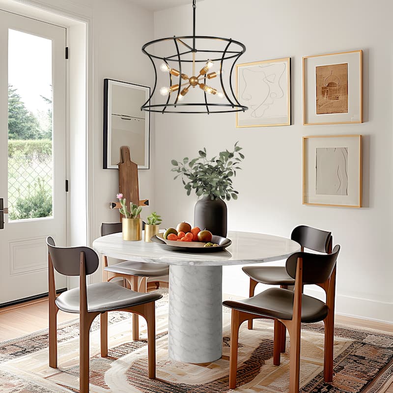 Modern 8-Light 29.5"D Chandelier Black Gold Drum-Shaped Large Pendant for Dining Room - Drum